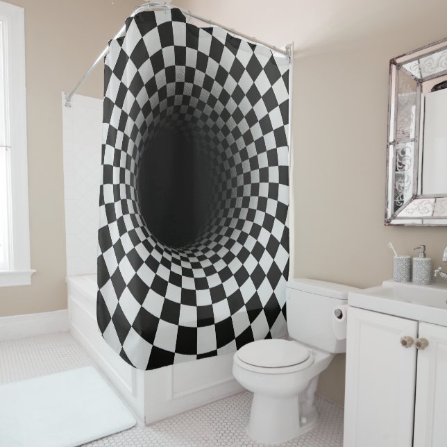 Black and White Optical Illusion Tunnel Shower Curtain (In Situ)