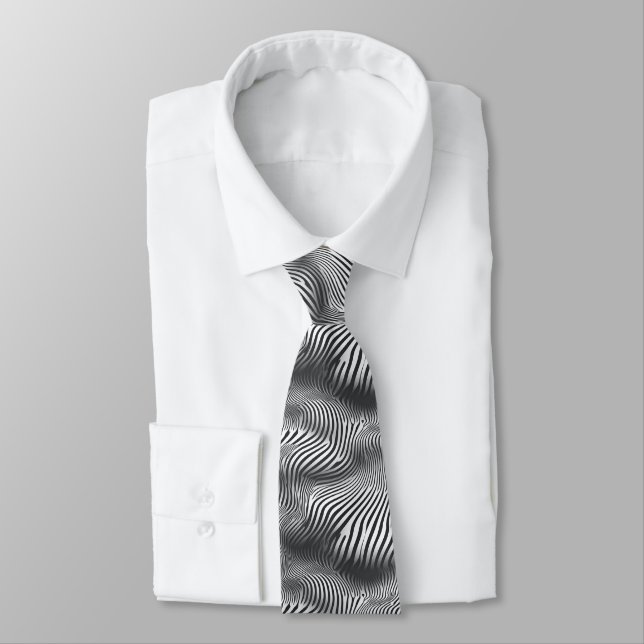 Black and White Optical Illusion Wave Pattern Tie (Tied)