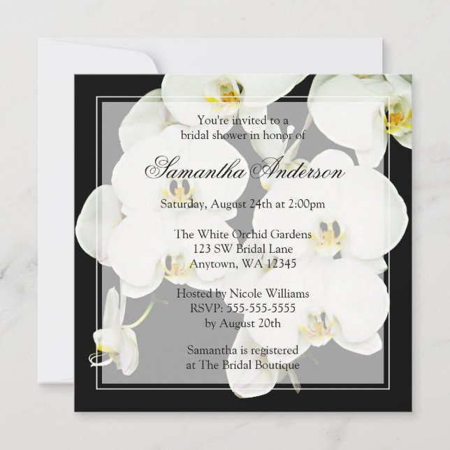 Black and White Orchid Bridal Shower Invitations (Front)