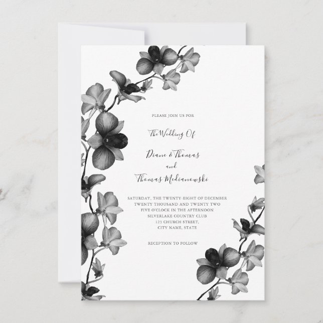 Black and White Orchid Wedding Invitation (Front)