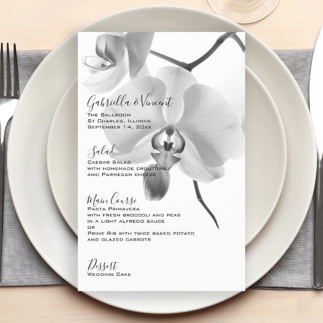 Black and White Orchids Wedding Menu (Add a touch of elegance to your marriage reception, bridal shower luncheon or rehearsal dinner.)