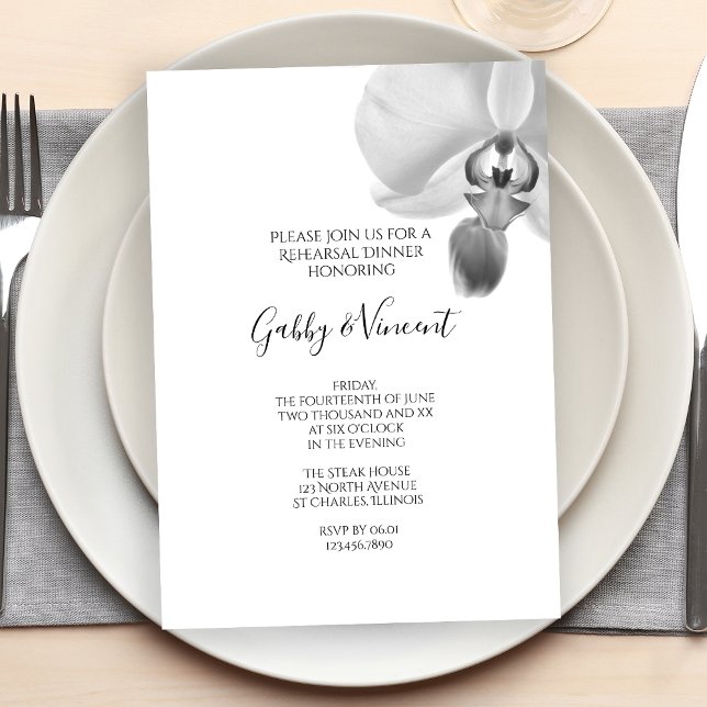 Black and White Orchids Wedding Rehearsal Dinner Invitation (Set an elegant tone for your pre wedding dinner party)