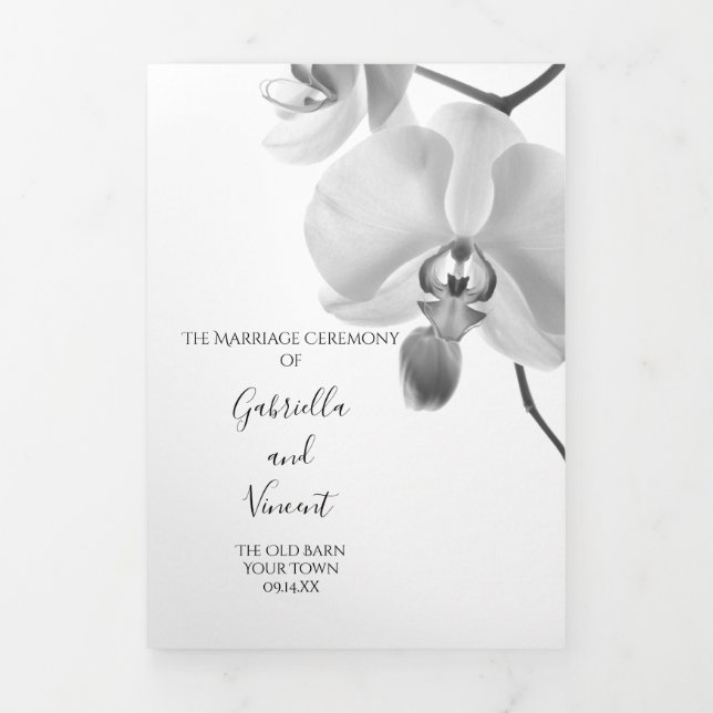 Black and White Orchids Wedding Tri-Fold Programme (Cover)