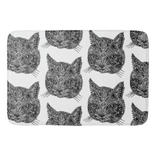 Black and White Ornamental Cat Portrait Bath Mat