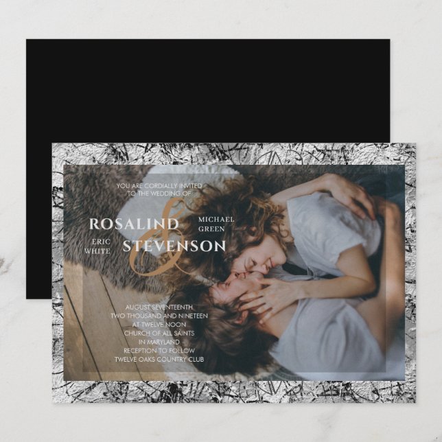 Black and White Ornamental Texture Photo Wedding Invitation (Front/Back)