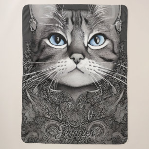 Black and White Ornate Cat Personalised Name Sherpa Blanket
