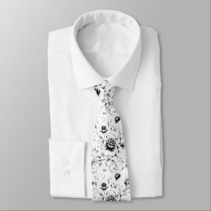 Black and White Ornate Floral Tie
