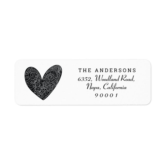 Black and White Ornate Heart Return Address Label (Front)