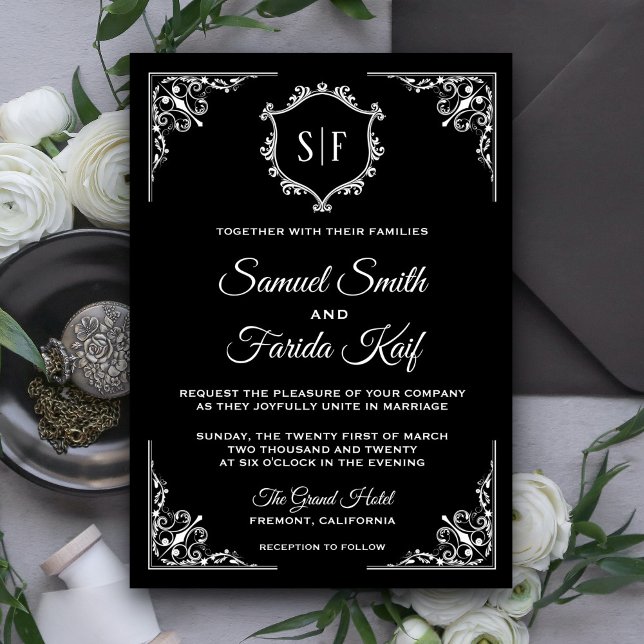 Black and White Ornate Monogram Wedding Invitation (Creator Uploaded)