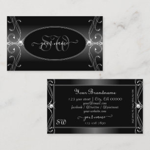 Black and White Ornate Sparkling Diamonds Initials Business Card