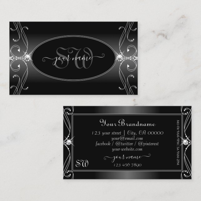 Black and White Ornate Sparkling Diamonds Initials Business Card (Front/Back)
