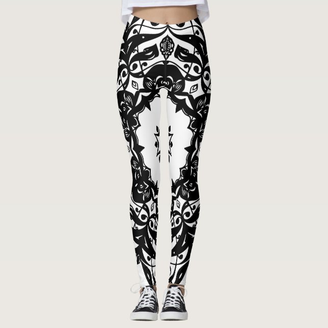 Black and White Ornements Leggins Leggings (Front)