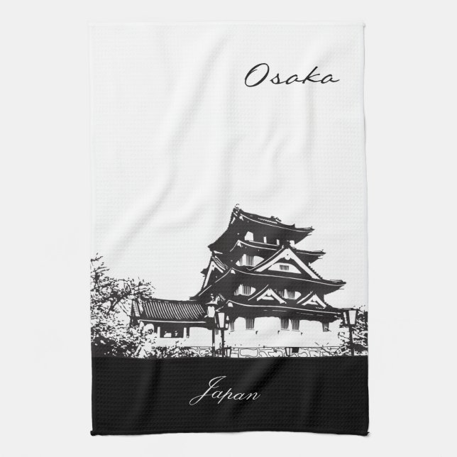 Black and White Osaka, Japan Tea Towel (Vertical)