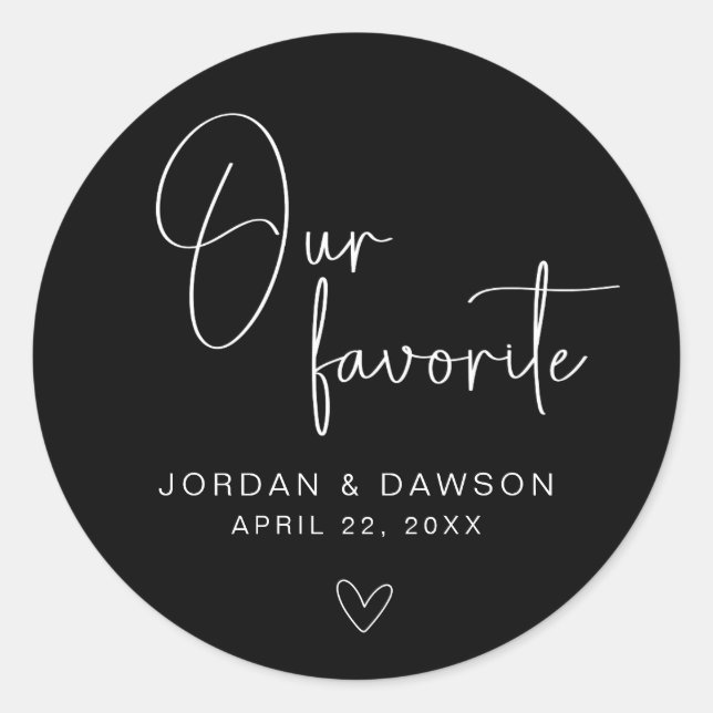 Black and White Our Favourite Wedding Favour Stick Classic Round Sticker (Front)