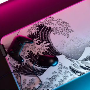 black and white outline great wave xxl gaming desk mat
