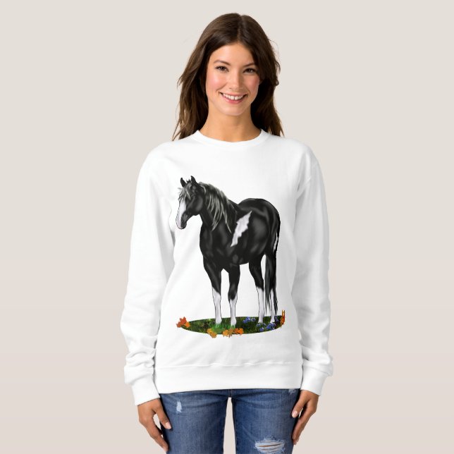 Black and White Overo Paint Horse Sweatshirt (Front Full)