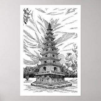 Black and White Pagoda Tower Line Art Sketch - Arc Poster