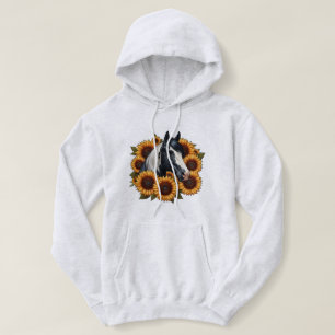Black and White Paint Horse with Sunflowers Hoodie
