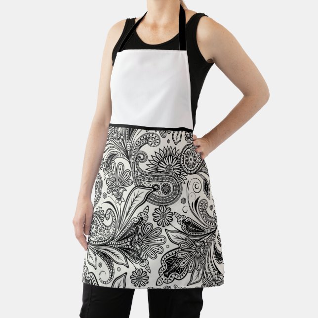Black and white paislely apron (Insitu)