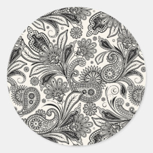 Black and white paislely classic round sticker