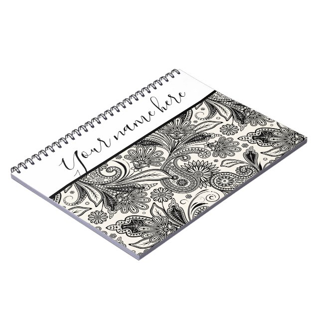Black and white paislely personalised notebook (Left Side)