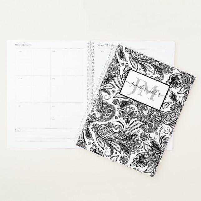 Black and white paislely personalised planner (Display)