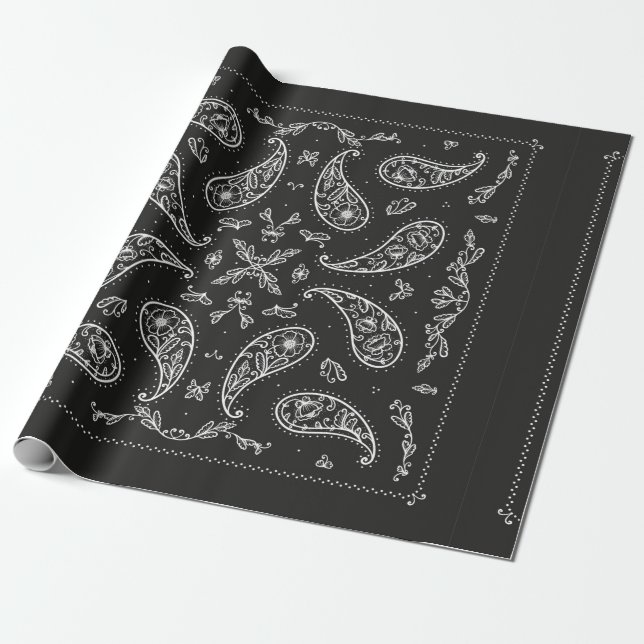 Black and White Paisley Bandana Ornament Print. Vi Wrapping Paper (Unrolled)