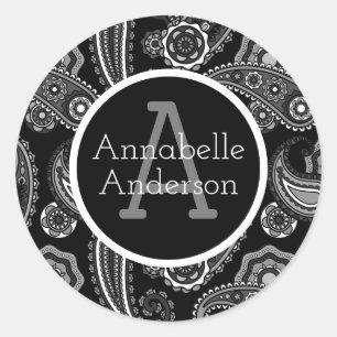 Black and White Paisley Fancy Personalise Classic Round Sticker