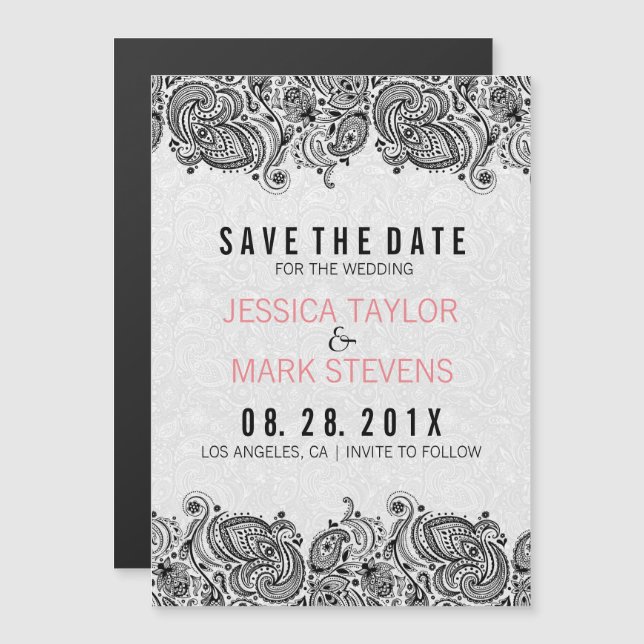 Black And White Paisley Lace & Damasks Magnetic Invitation (Front/Back)