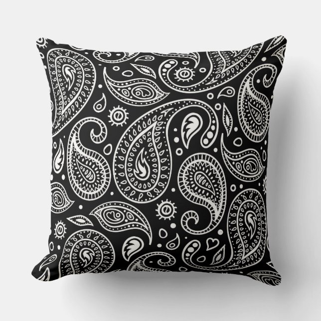 Black and white paisley pattern cushion (Front)