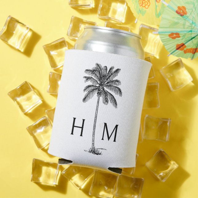Black and White Palm Palmetto Tree Monogram Can Cooler (In Situ Summer)