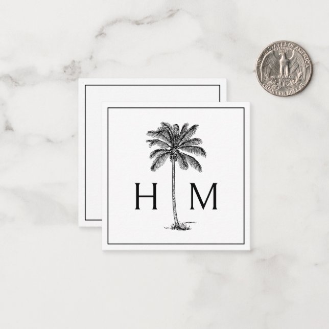 Black and White Palm Palmetto Tree Monogram Card (Front/Back In Situ)