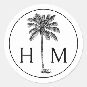 Black and White Palm Palmetto Tree Monogram Classic Round Sticker