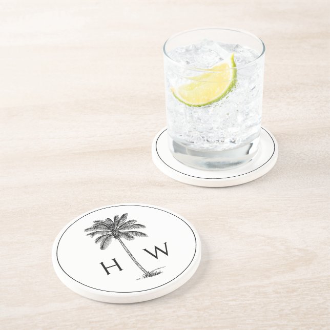 Black and White Palm Palmetto Tree Monogram Coaster (Side)