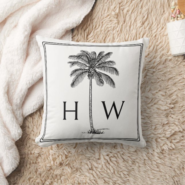 Black and White Palm Palmetto Tree Monogram Cushion (Blanket)