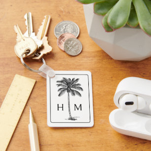 Black and White Palm Palmetto Tree Monogram Key Ring