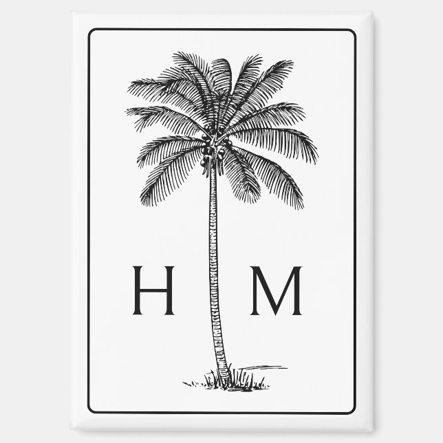 Black and White Palm Palmetto Tree Monogram Magnet (Front)