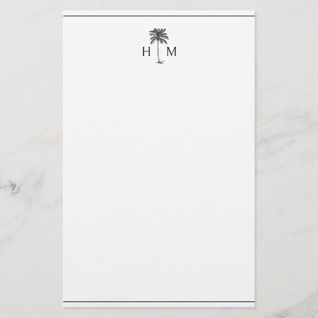 Black and White Palm Palmetto Tree Monogram Stationery (Front)