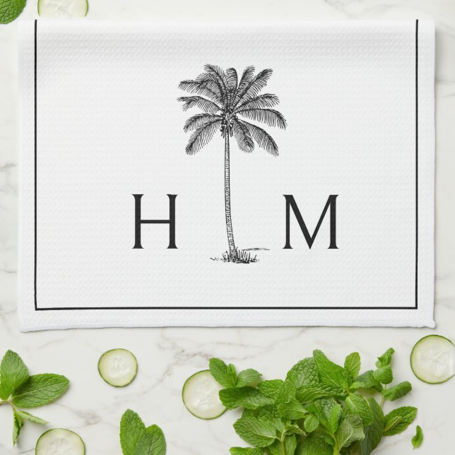 Black and White Palm Palmetto Tree Monogram Tea Towel (Folded)