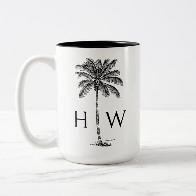 Black and White Palm Palmetto Tree Monogram Two-Tone Coffee Mug (Left)