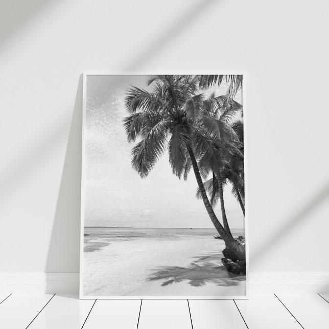 Black and White Palm Trees Beach Wall Art (Palm and Beach Print in white frame on white wooden floor.)