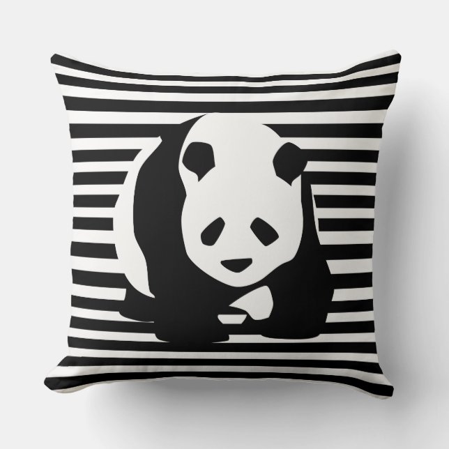 Black and White Panda and Stripes  Cushion (Front)