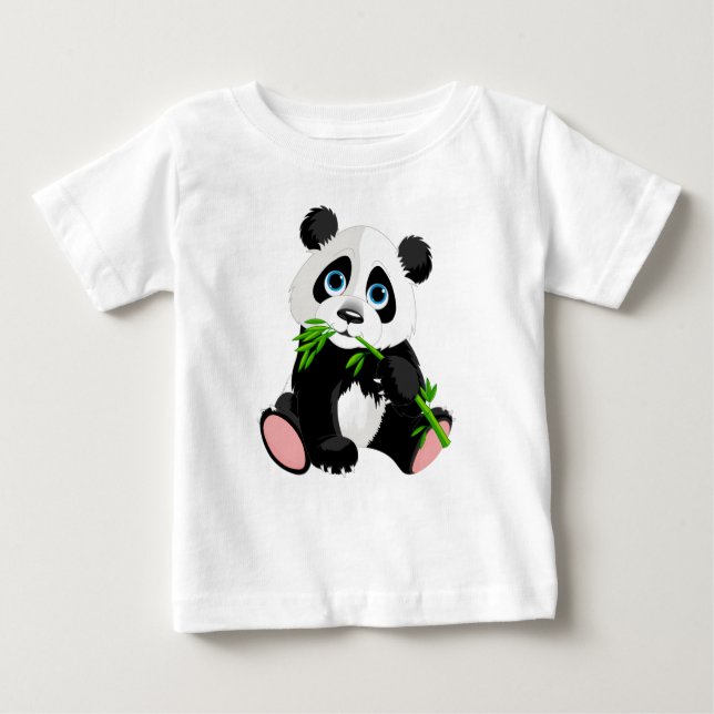 Black and White Panda Bear Eating Green Bamboo Baby T-Shirt (Front)