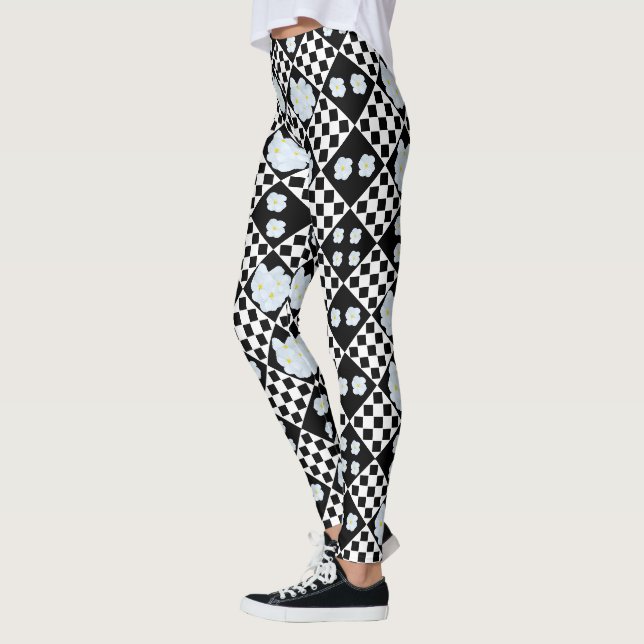 Black And White Pansy Design, Leggings (Left)