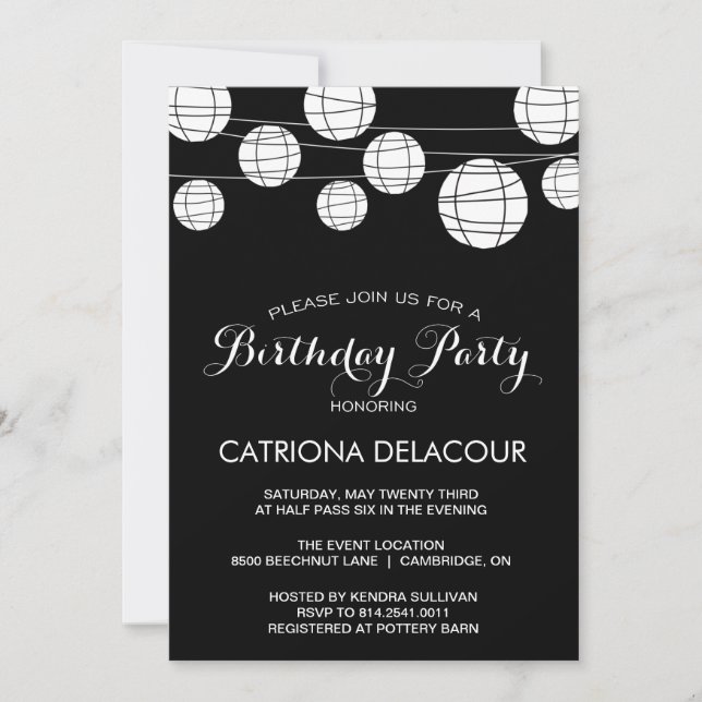 BLACK AND WHITE PAPER LANTERNS BIRTHDAY INVITATION (Front)
