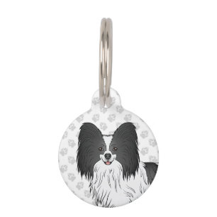 Black And White Papillon Cartoon Dog Head Pet Tag