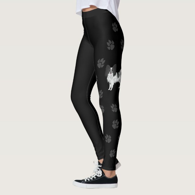 Black And White Papillon Cartoon Dog With Paws Leggings (Left)