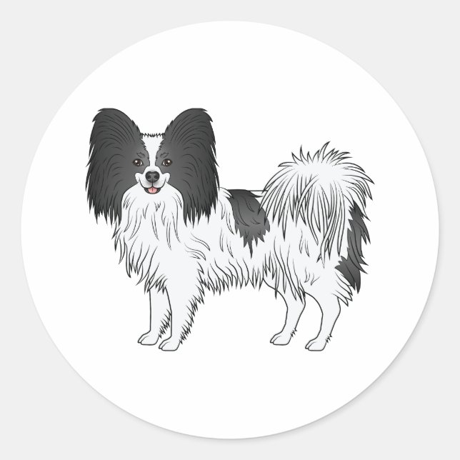 Black And White Papillon Cute Cartoon Dog Classic Round Sticker (Front)