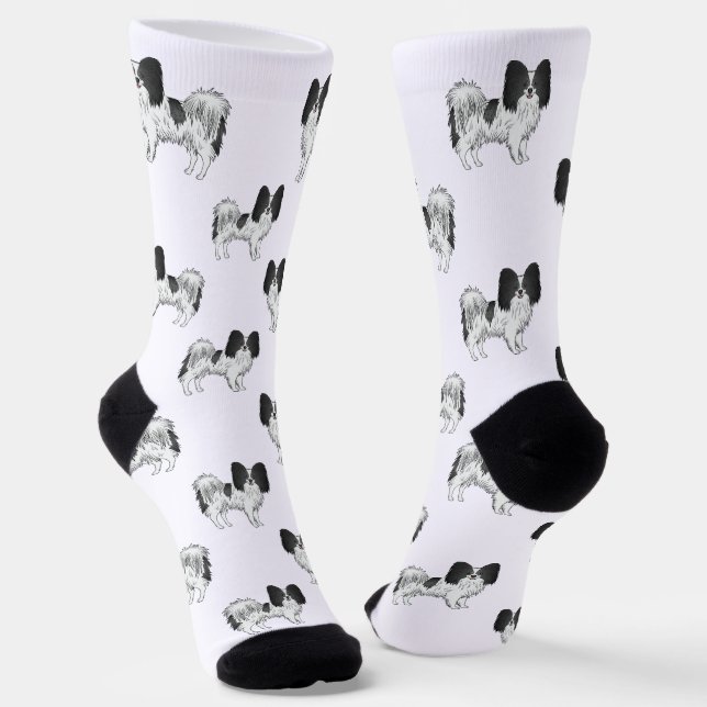 Black And White Papillon Cute Cartoon Dog Pattern Socks (Angled)