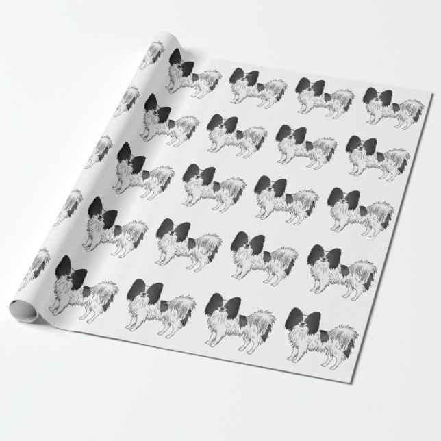 Black And White Papillon Cute Cartoon Dog Pattern Wrapping Paper (Unrolled)